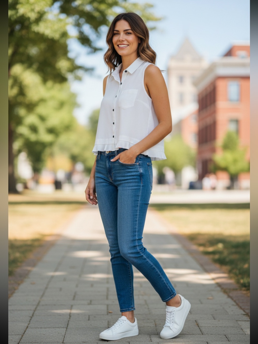 CAbi White Sleeveless Button-Front Blouse Pleated Hem Detail Wrinkle Free R $89